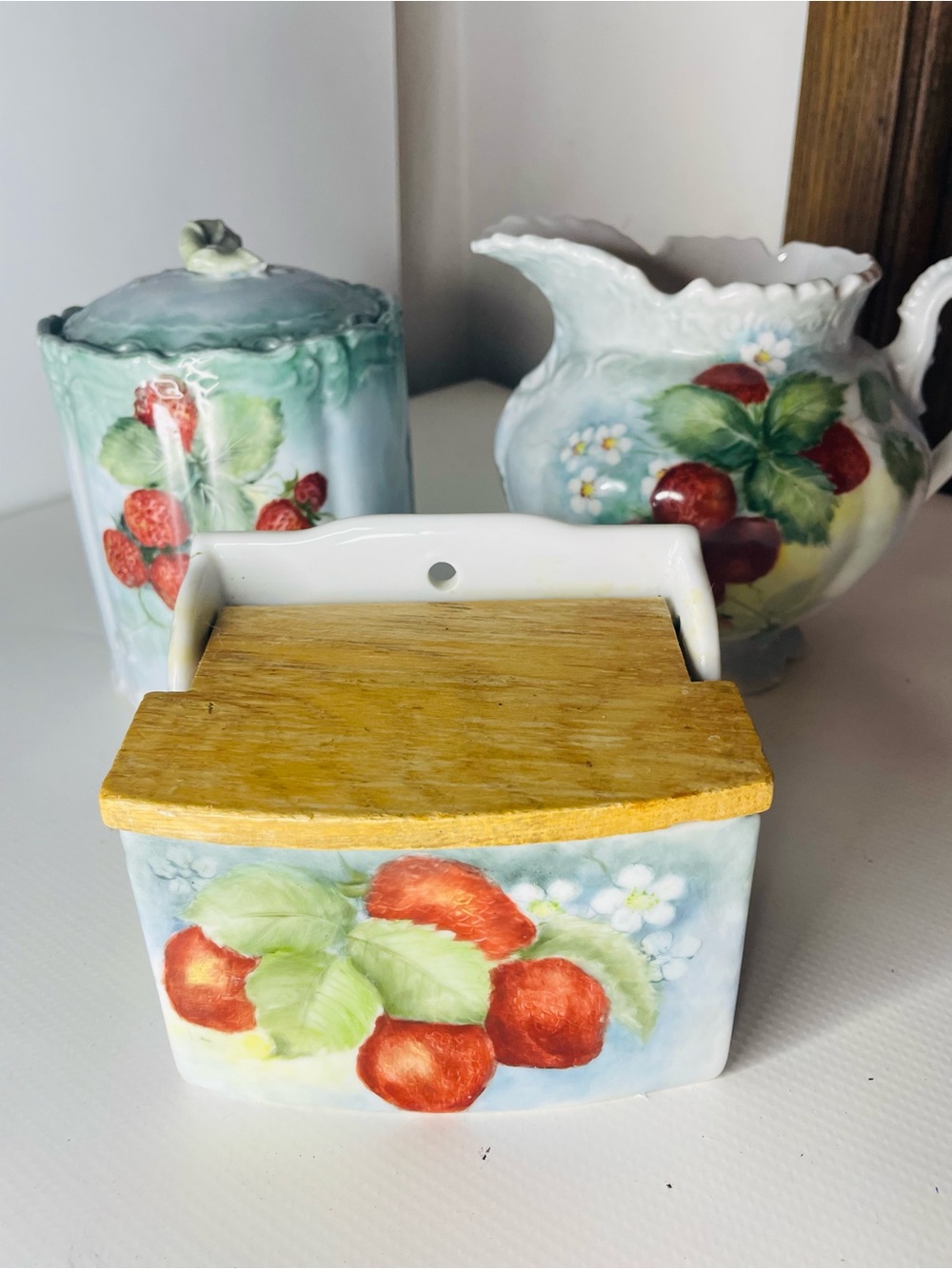Vintage Hand-Painted Porcelain Strawberry Theme Salt Box, Pitcher & Canister